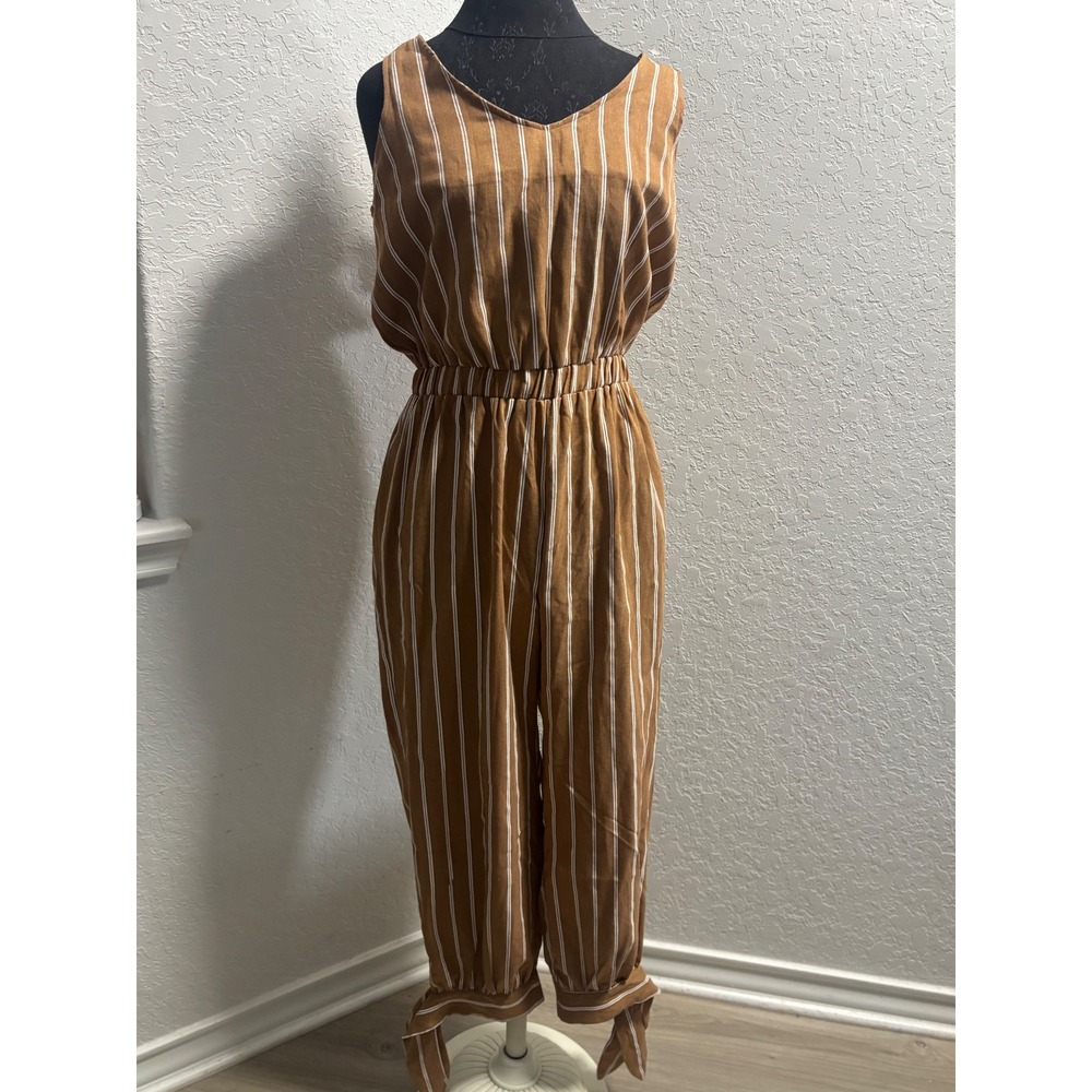 INA Mocha Brown Striped Sleeveless Jumpsuit Open Back Tie Ankle IRF90814 WomensL